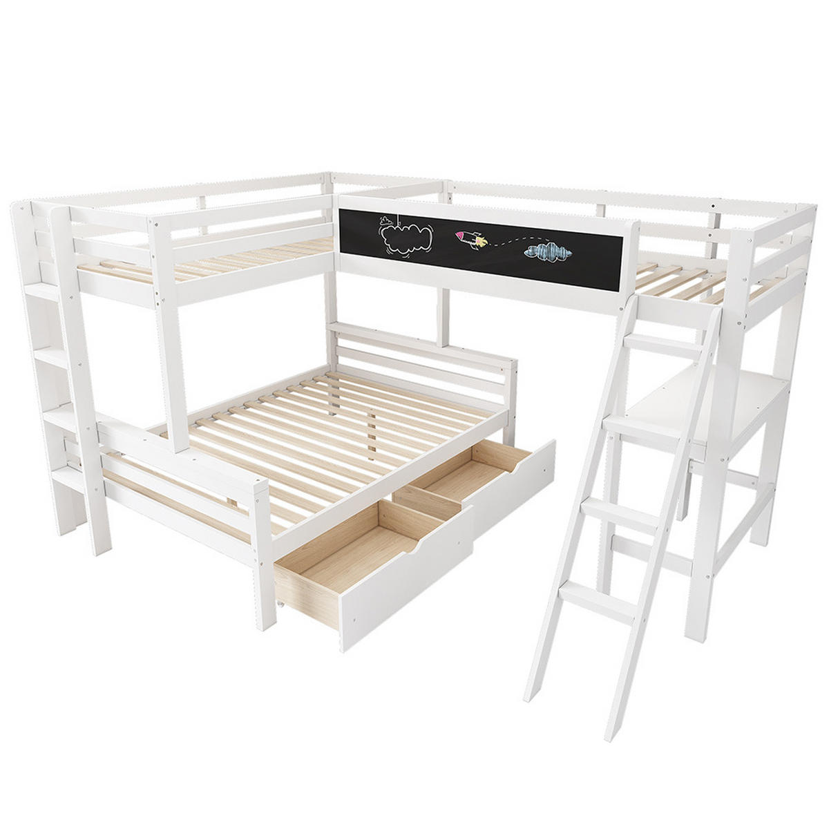HOCHBETT 140x200cm & 90x200cm mit Schreibtisch und Regal in weiß - Weiß, Holz (90/200cm) - KOMHTOM