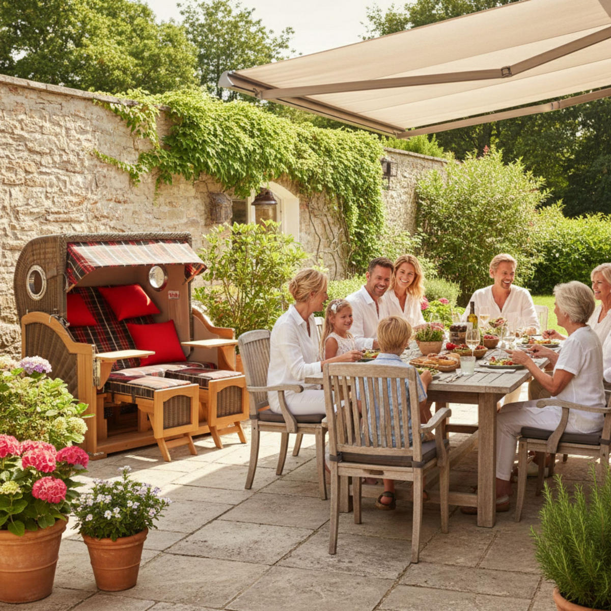 STRANDKORB Düne Grande Bullauge Teak PE Grey Dessin 529 - Rot/Braun, Metall (142/170/95cm) - Mr. Deko