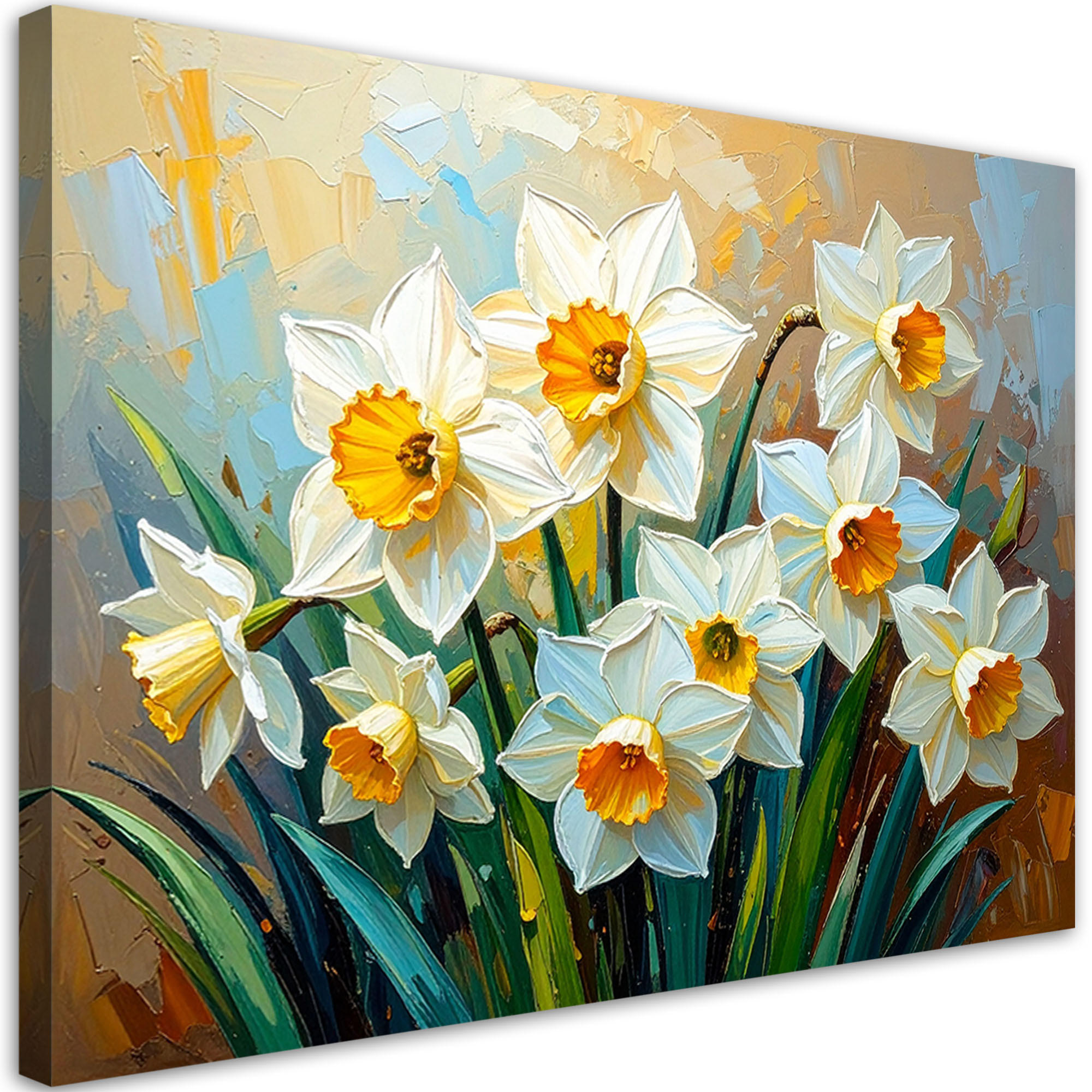 LEINWANDBILD Narzissen Weiße Blumen Abstraktion 120x80cm - Grün, Textil (120/80cm) - Feeby