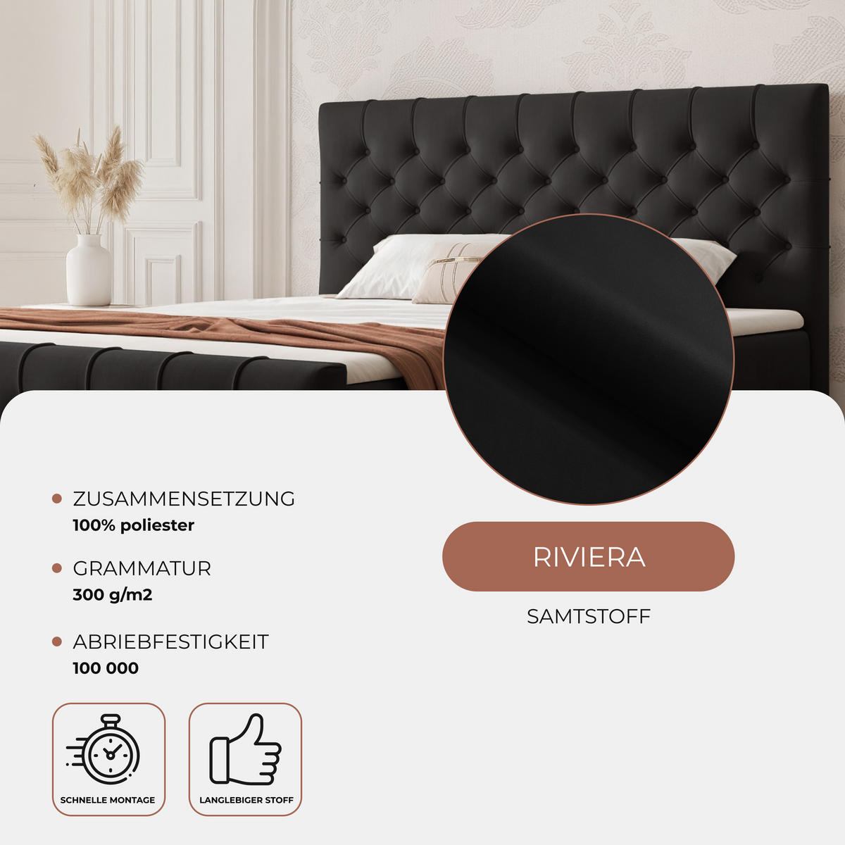 BOXBETT JOLIE 120x200 cm mit Matratze, Schwarz - Schwarz, Textil (120/200cm) - Idohome