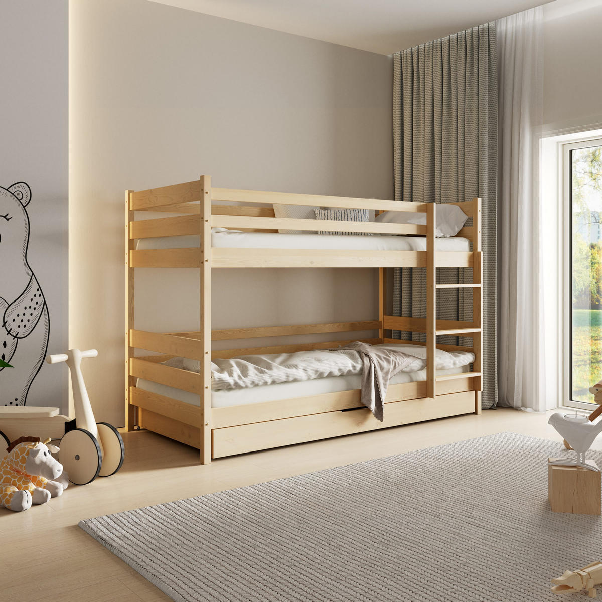 ETAGENBETT SIMBA mit Bettkasten 80x190 cm Kieferfarben - Kieferfarben, Holz (80/190cm) - MASSENO