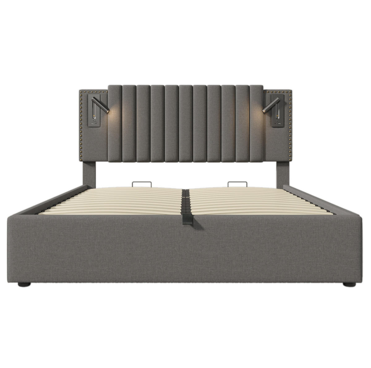 POLSTERBETT aus Baumwolle 160x200 cm Grau mit Bettkasten, Leselicht, USB- und USB-C-Anschlüssen - Grau, Textil (160/200cm) - IVMEU