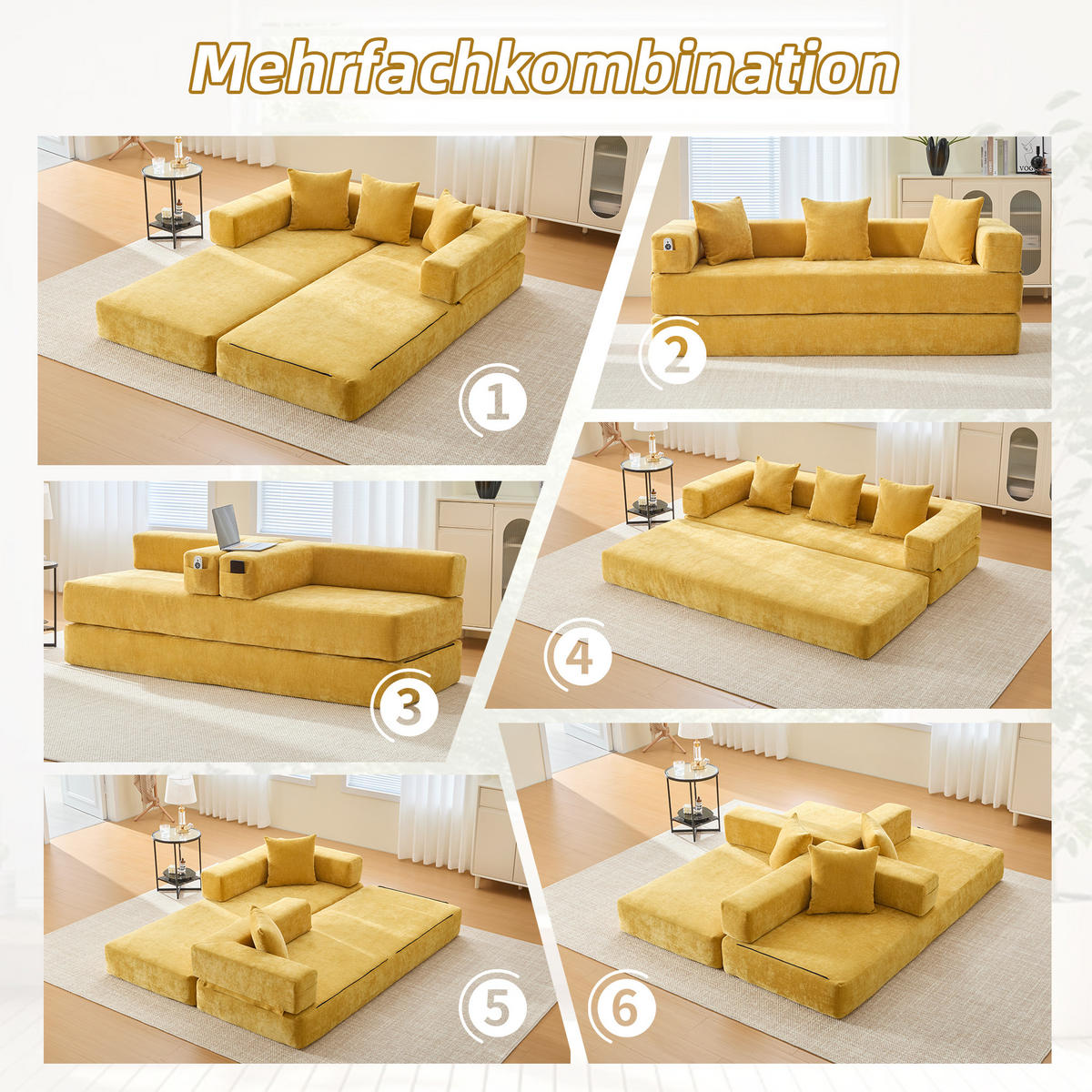 SCHLAFSOFA 198/79/60 cm Senfgelb mit Aufbewahrungstaschen - Gelb, Textil (198/60/79cm) - Oxeza