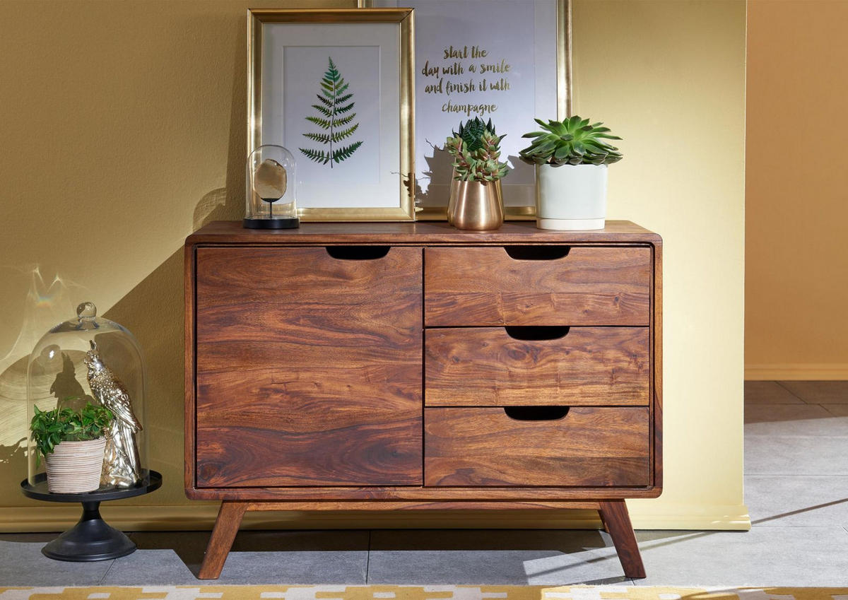 KOMMODE Sheesham 90x40x65 walnuss gewachst MALMÖ 2 #104 - Dunkelbraun, Holz (90/65/40cm) - Massivmoebel24