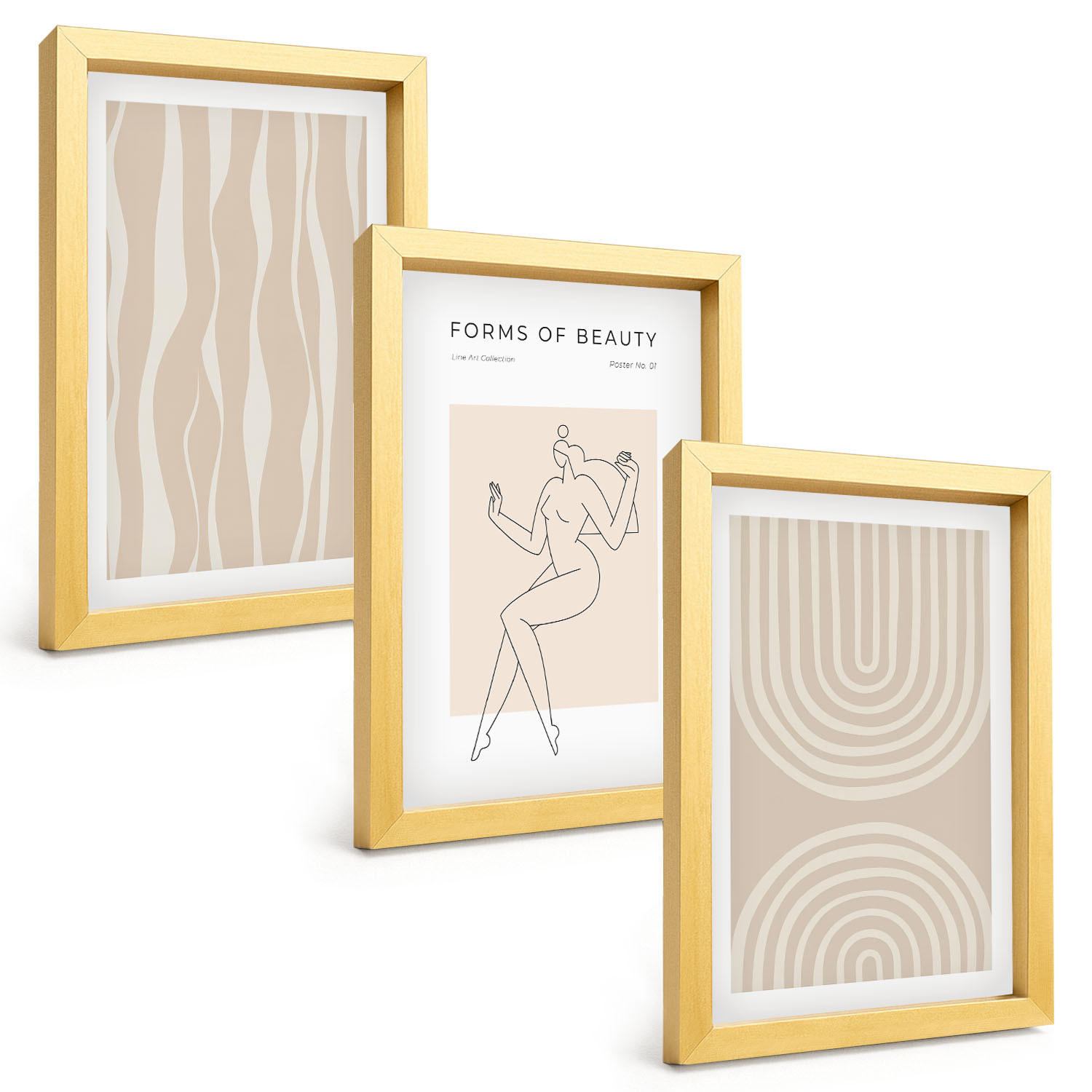BILDER SET 3er Set - 20x30 cm Goldrahmen - Abstrakte Boho-Dekorationen - Goldfarben, Kunststoff (20/30cm) - TULUP
