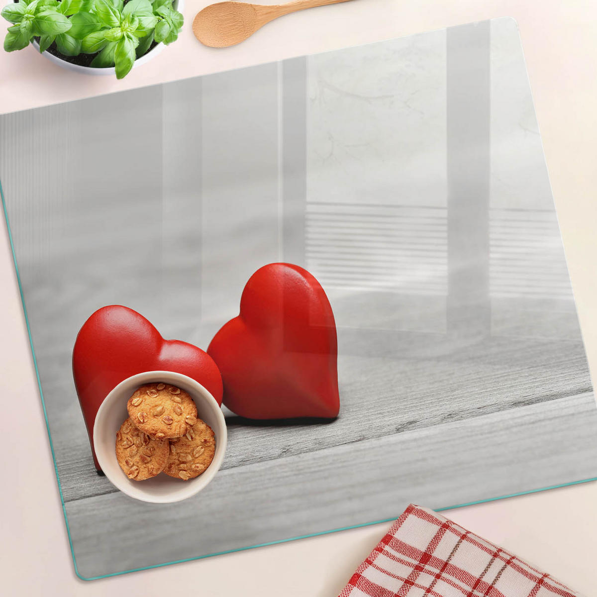 GLASPLATTE 60x52 cm Herzen Holz - Rot, Glas (60/0.4/52cm) - TULUP