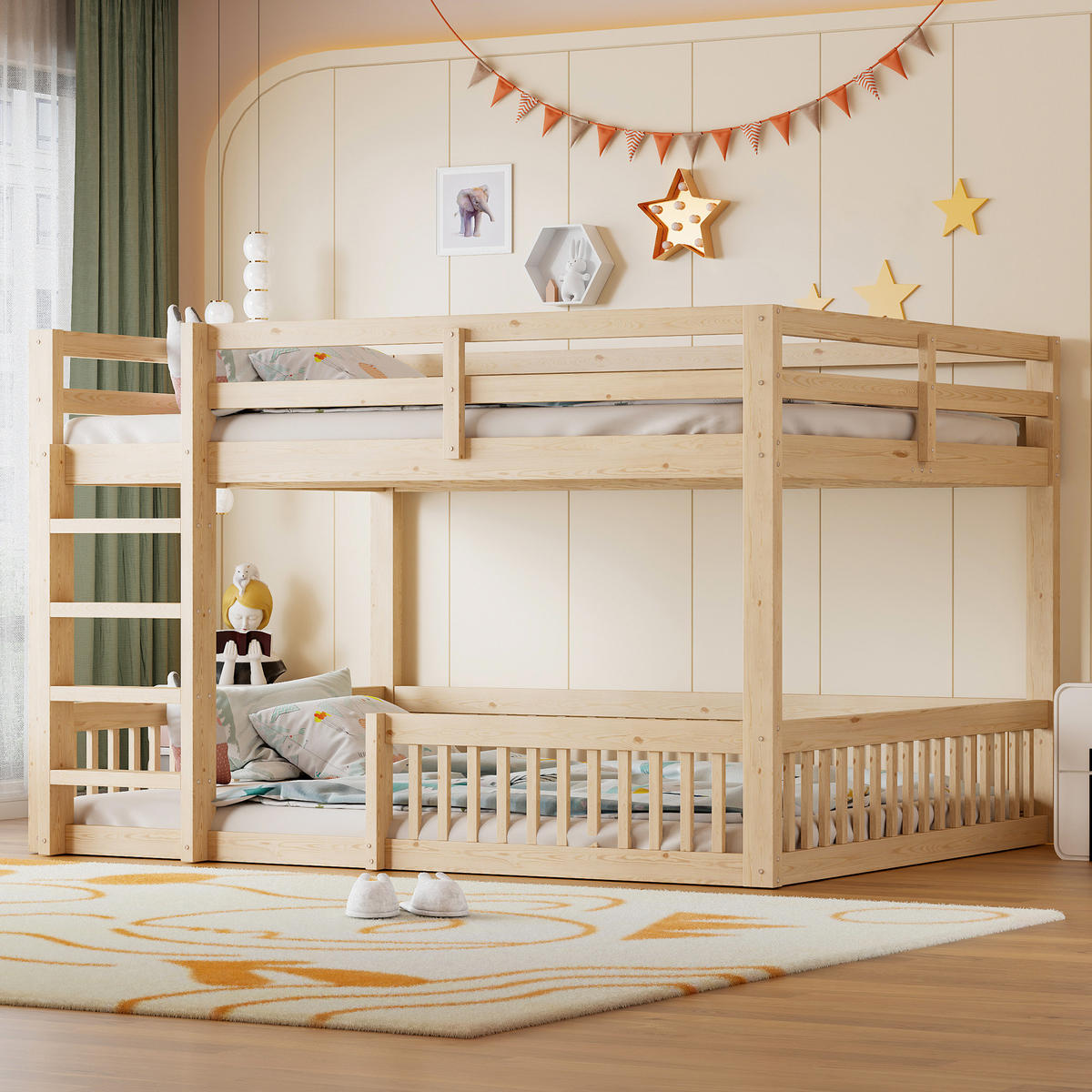 ETAGENBETT 160/200 cm in Natural mit Schutzgittern und hoher Belastbarkeit aus MDF und Kiefer - Naturfarben, Holzwerkstoff - STILVORA