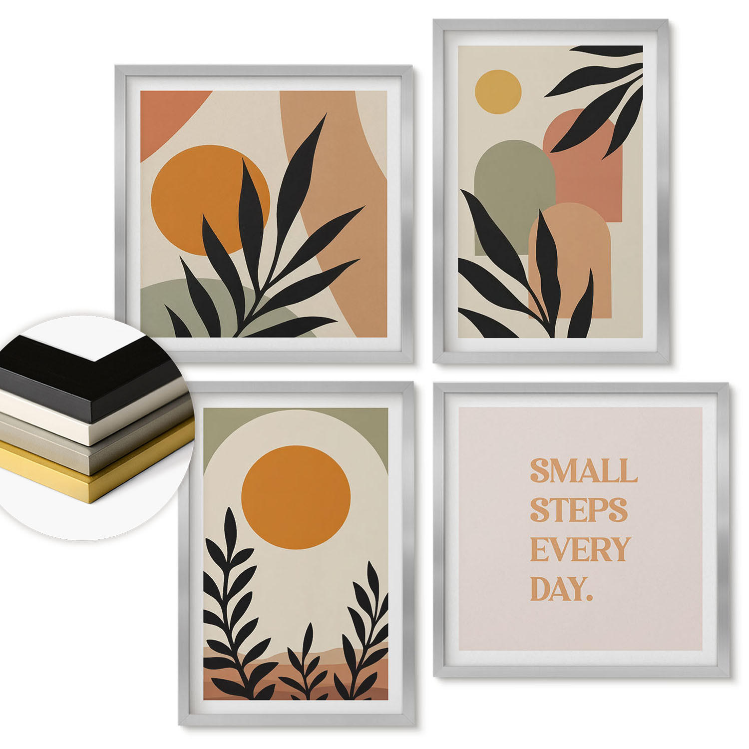 WANDBILDER 4er Set - 50x50 cm & 40x60 cm Silberner Rahmen - Abstrakte Pflanzenmotive - Silberfarben, Kunststoff (50/50cm) - ArtPrintCave