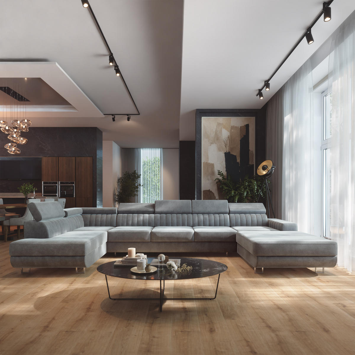 WOHNLANDSCHAFT GAIAN Hellgrau Velours-Stoff mit Schlaffunktion - Hellgrau, Holz (412/88/190cm) - MASSENO