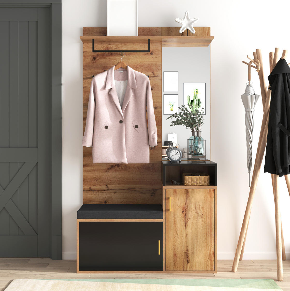 GARDEROBEN-SET mit Spiegel und Schuhschrank 105 x 40 x 191,5 cm Schwarz - Schwarz, Holzwerkstoff (38.5/190/104cm) - Beauniv