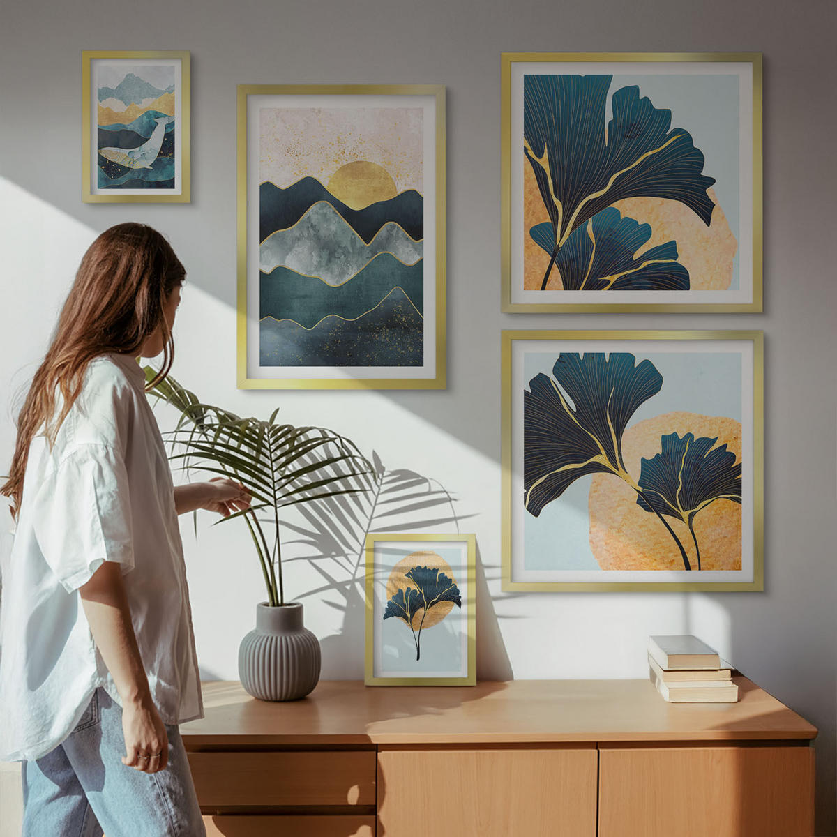 BILDER SET 5er Set - 50x50 cm & 20x30 cm & 40x60 cm Goldrahmen - Fruchtige Muster italienischer Wein - Goldfarben, Kunststoff (40/60cm) - TULUP