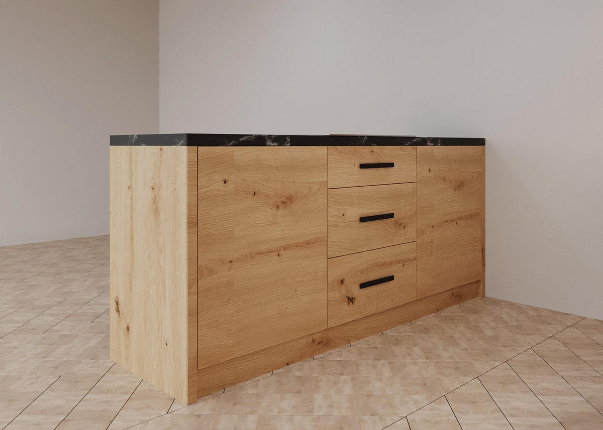 INSELKÜCHE Nexa Woodline – 360 cm + Insel 180 cm – K104-G360 - Hellbraun/Schwarz, Holzwerkstoff/Metall (360/210/60cm) - ROYAL24_MARKT