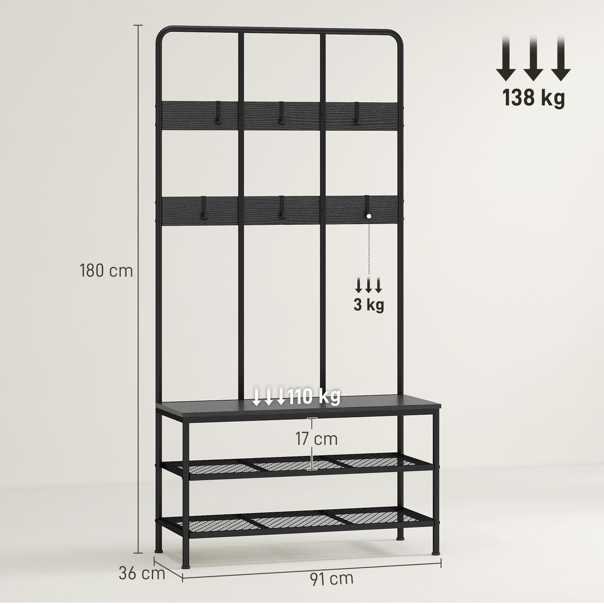 GARDEROBENSTÄNDER 3-in-1 DE-09781 mit Sitzbank und Schuhregal Schwarz - Schwarz, Metall (36/180/91cm) - ComfortXL