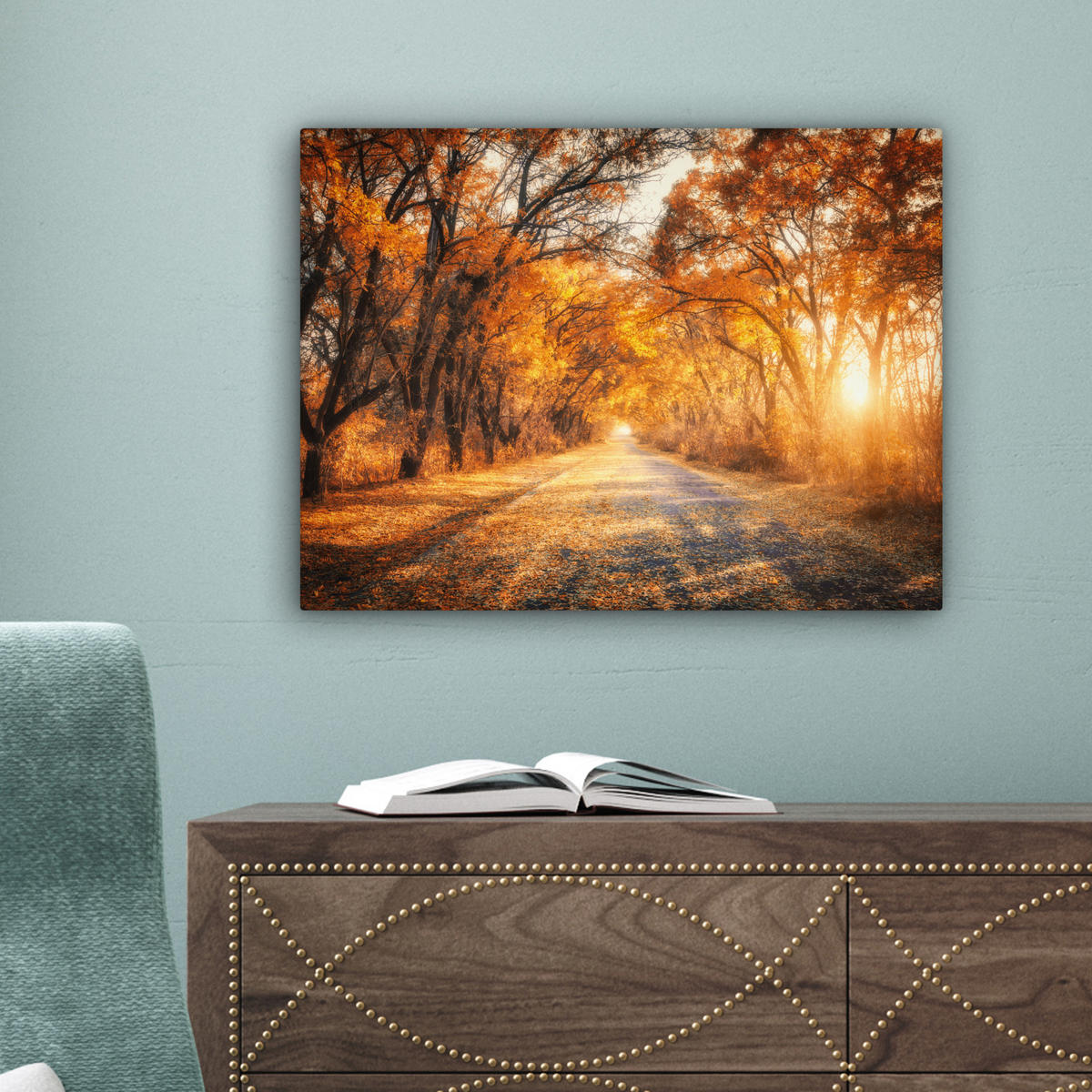 LEINWANDBILD Wald - Herbst - Bäume - Waldweg - Natur Wandbild 40x30 cm - Bernsteinfarben, Textil (40/30cm) - MuchoWow