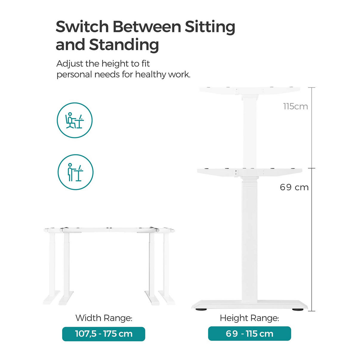 HÖHENVERSTELLBARER Schreibtisch Nuuk - Weiß, Metall (60/175/115cm) - Hansiro