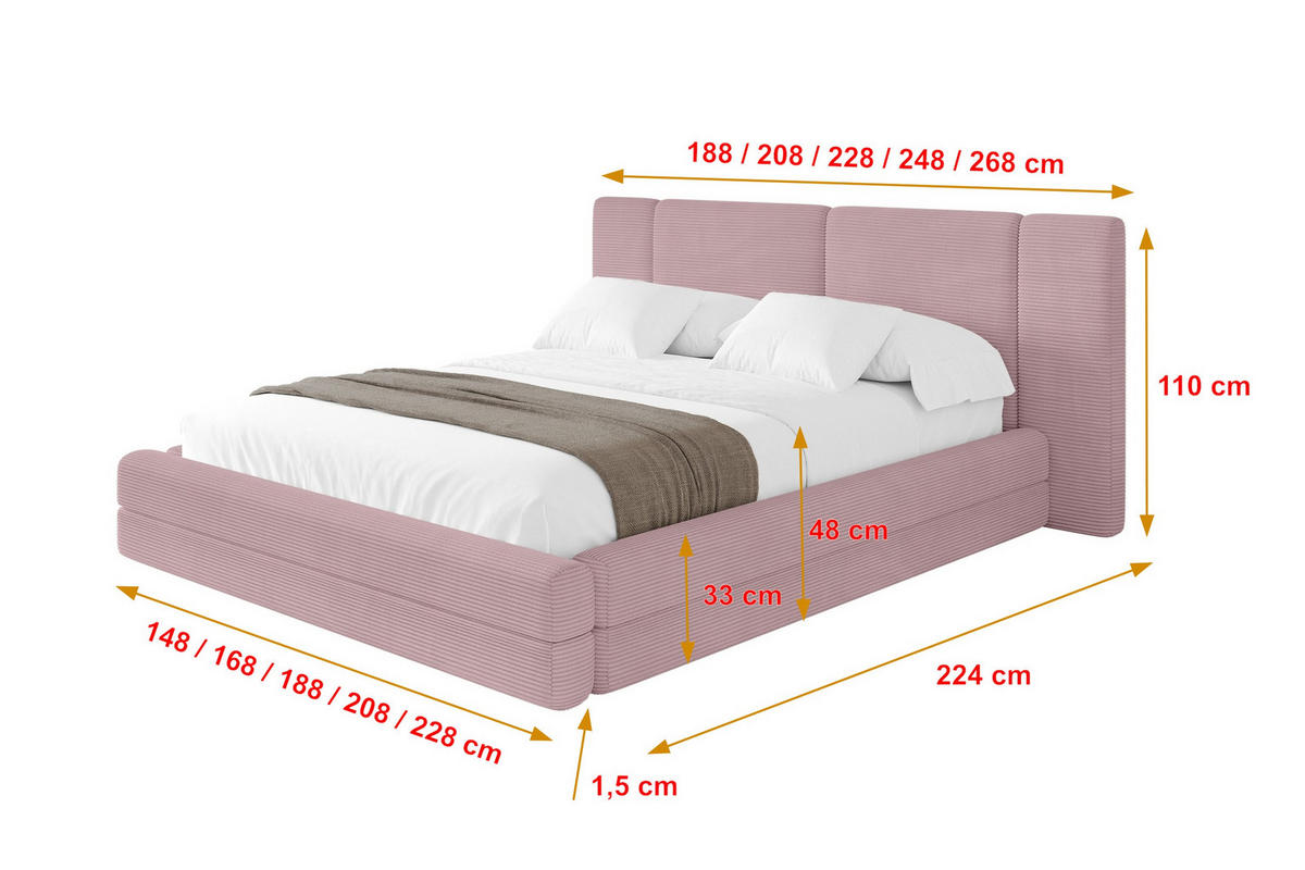 POLSTERBETT mit Bettkasten und Lattenrost, Boxbett ohne Matratze - TEVO 200x200 Rosa - Rosa, Holzwerkstoff/Textil (200/200cm) - ALTDECOR