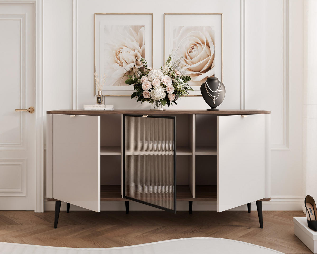 KOMMODE mit Vitrine NAVANI 160 cm Kaschmir Nuss - Kaschmir/Goldfarben, Holzwerkstoff/Metall (160/82/40cm) - Idohome