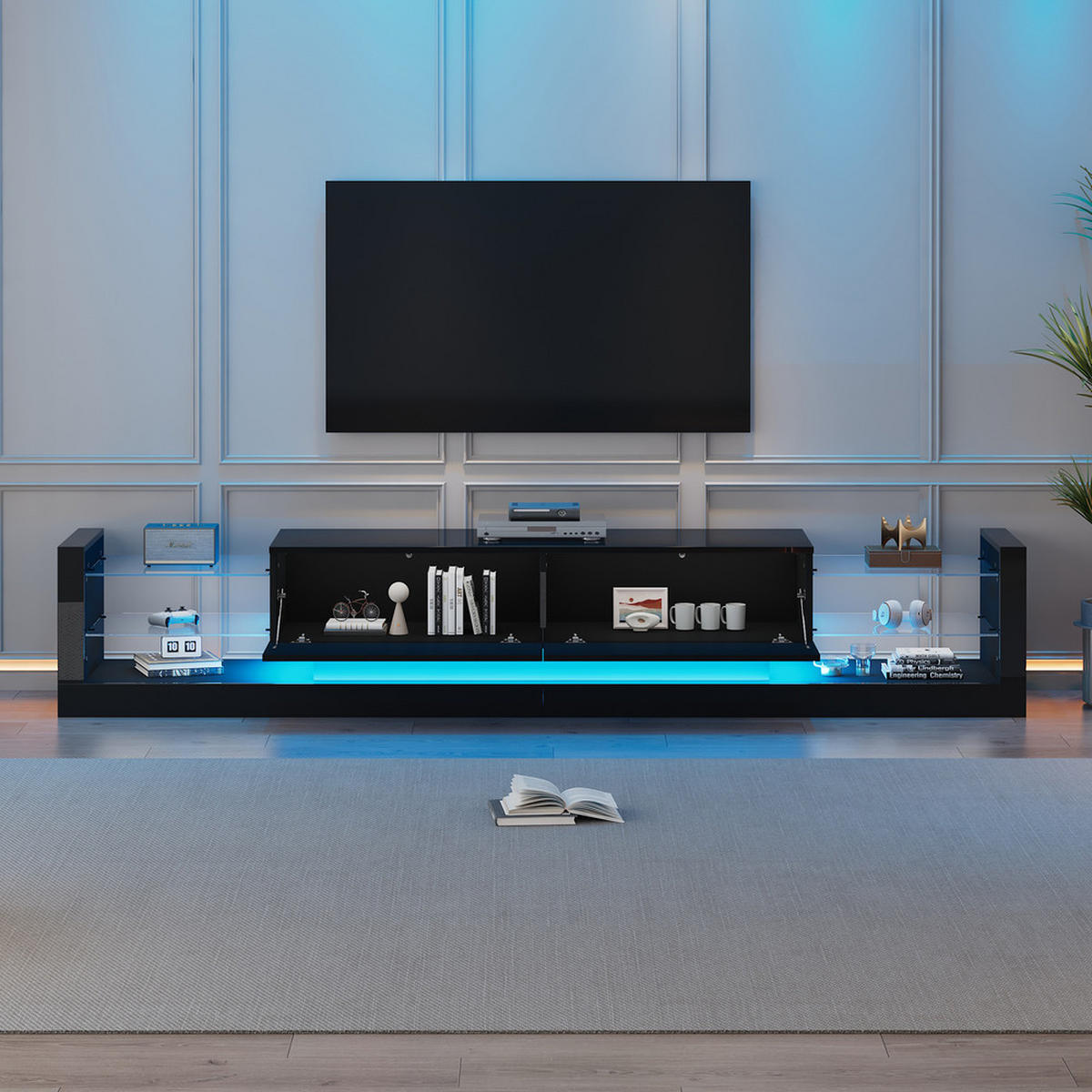 TV-SCHRANK 181cm LED Schwarz Glas 70-79 Zoll 2 Schubladen - Schwarz, Holz (45.72/15.88/101.6cm) - FLIEKS