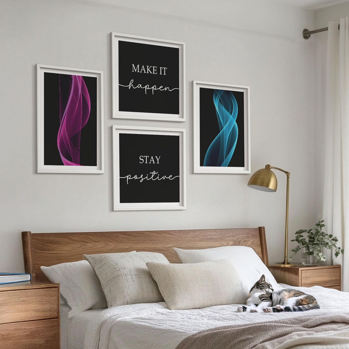 WANDBILDER 4er-Set - 50x50 cm & 40x60 cm Weißer Rahmen - Neonlinienwellen im Hintergrund - Weiß, Kunststoff (50/50cm) - ArtPrintCave