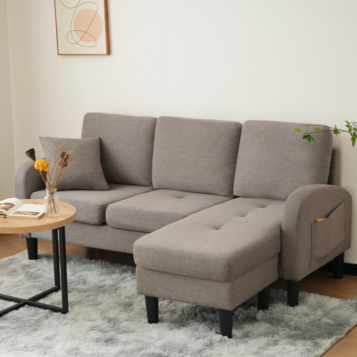 SOFA modular mit Chaiselongue 166 x 118 x 77 cm Baumwoll-Leinen-Mix - Dunkelgrau, Kunststoff (166/118cm) - IVMEU