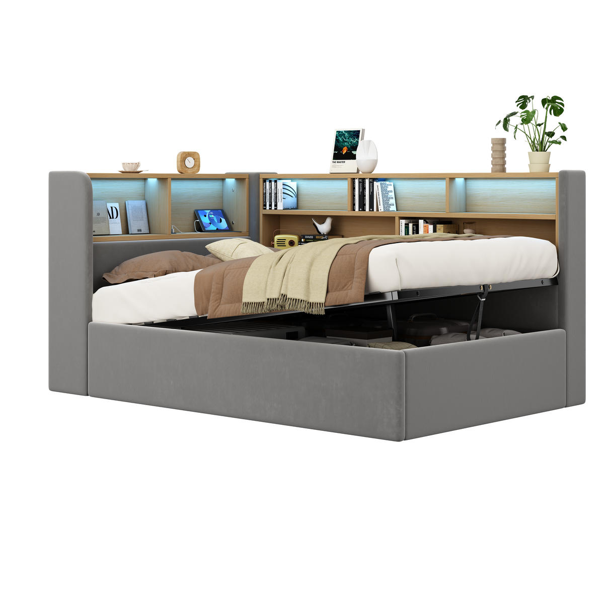 MULTIFUNKTIONSBETT 90/200 cm grau aus Samt mit hydraulischem Stauraum - Grau, Textil (90/200cm) - OKWISH