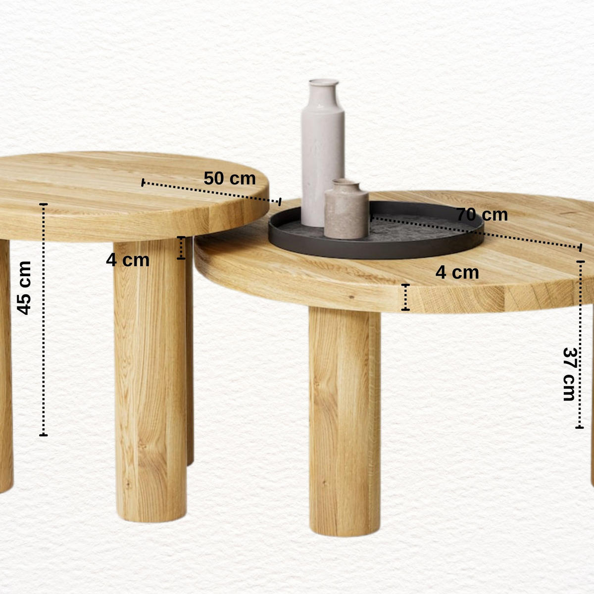 COUCHTISCH SET Eichenholz vollmassiv rund Naturbelassenen 70/70/37 - Naturfarben, Holz (70/70/37cm)