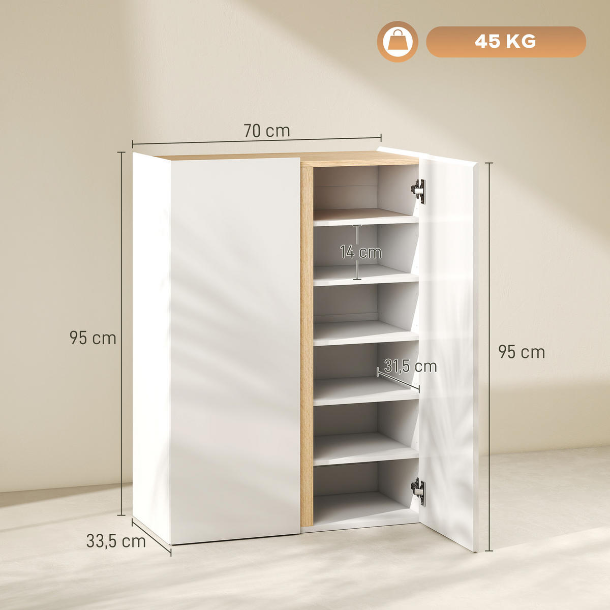 SCHUHSCHRANK Weiß 33.5/70.0/95.0 cm - Weiß, Holzwerkstoff (70/95/33.5cm)
