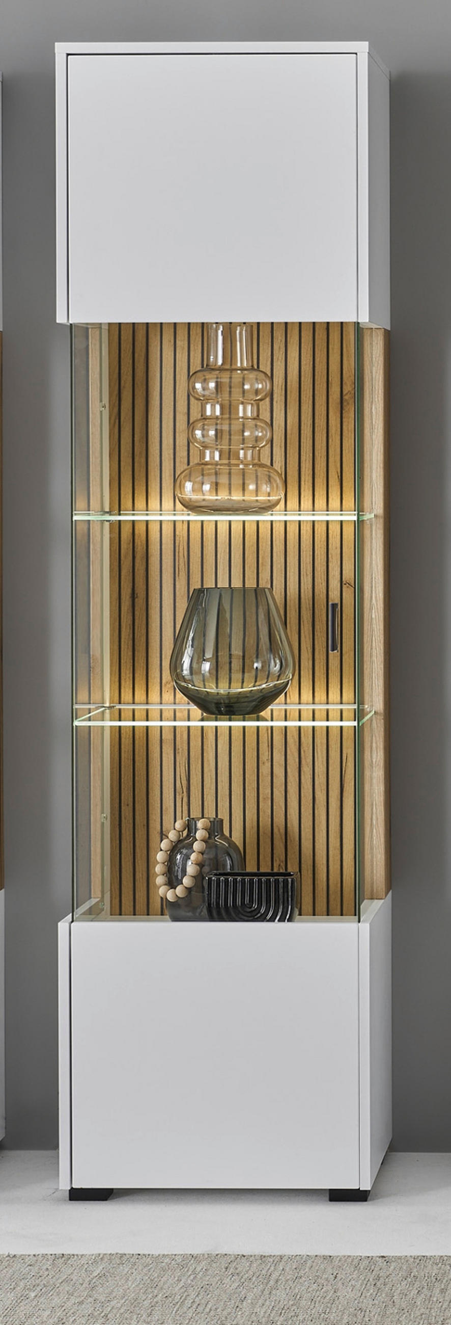 VITRINE weiß matt, Eiche 48 x 180 cm, Glasvitrine mit 5 Fächern und Soft-Close - Schwarz/Weiß, Glas/Holzwerkstoff (48/180/38cm) - Furn.Design