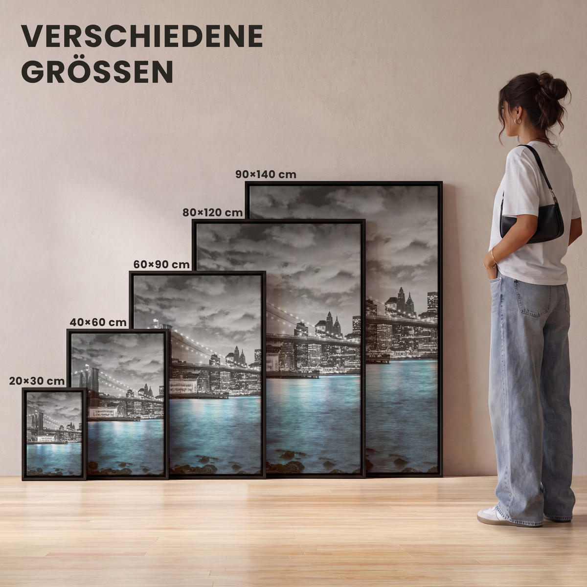 LEINWAND Bilder mit Rahmen - New York - Skyline - Stadt - Blau - 80x120 - Blaugrau, Textil (80/120cm) - MuchoWow