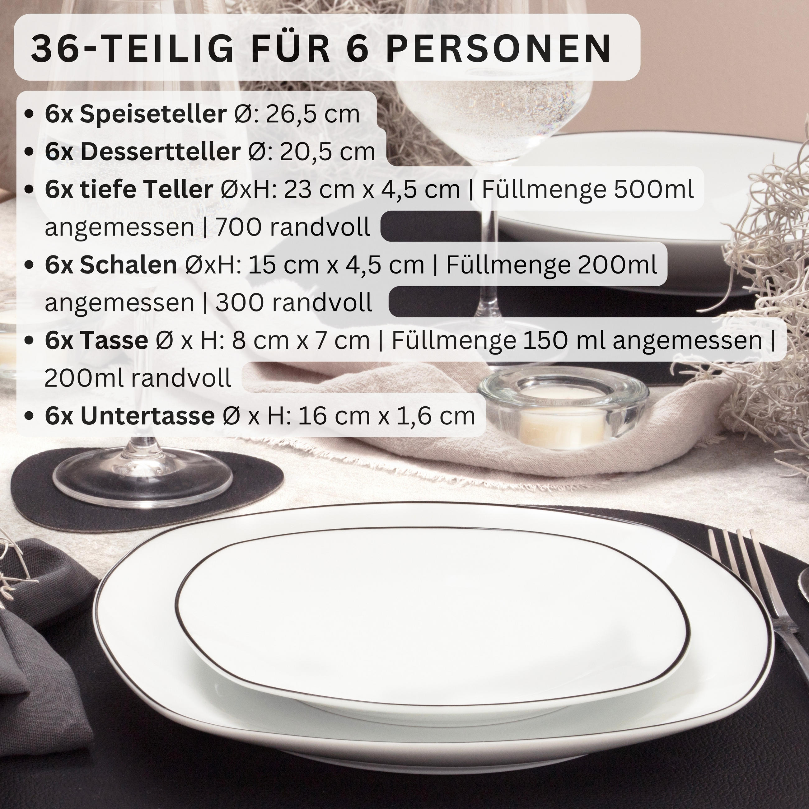 KOMBISERVICE BILGOLA BLACK RIM - 36 teilig aus Porzellan - Weiß, Keramik (35/31/43cm) - Sänger
