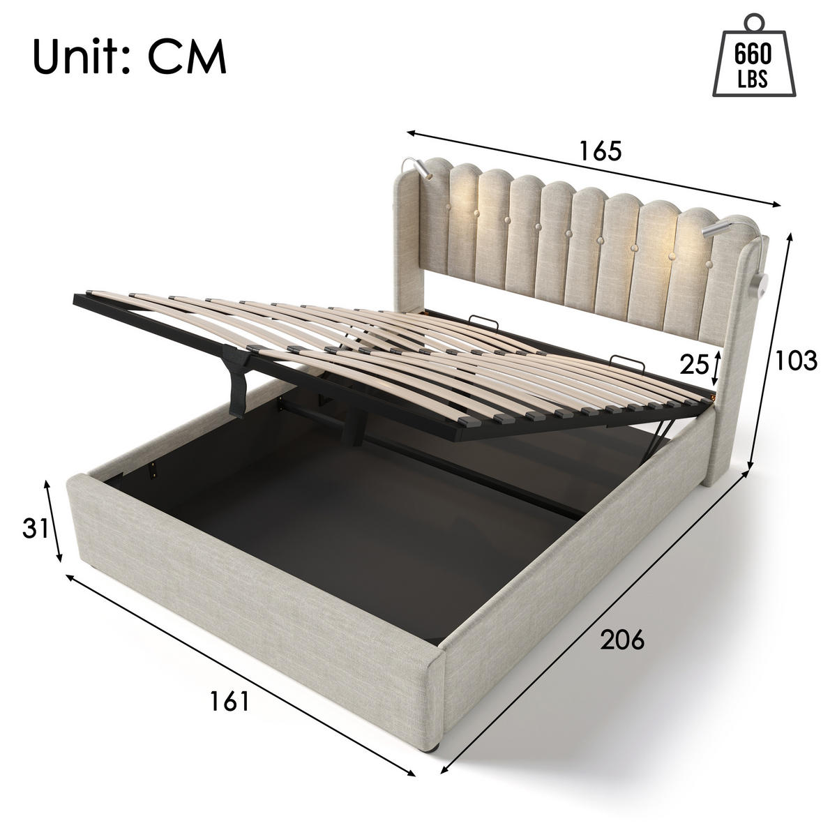 POLSTERBETT 160/200 cm mit Leselicht und Ladefunktion in Natur - Naturfarben, Textil (160/200cm) - OKWISH