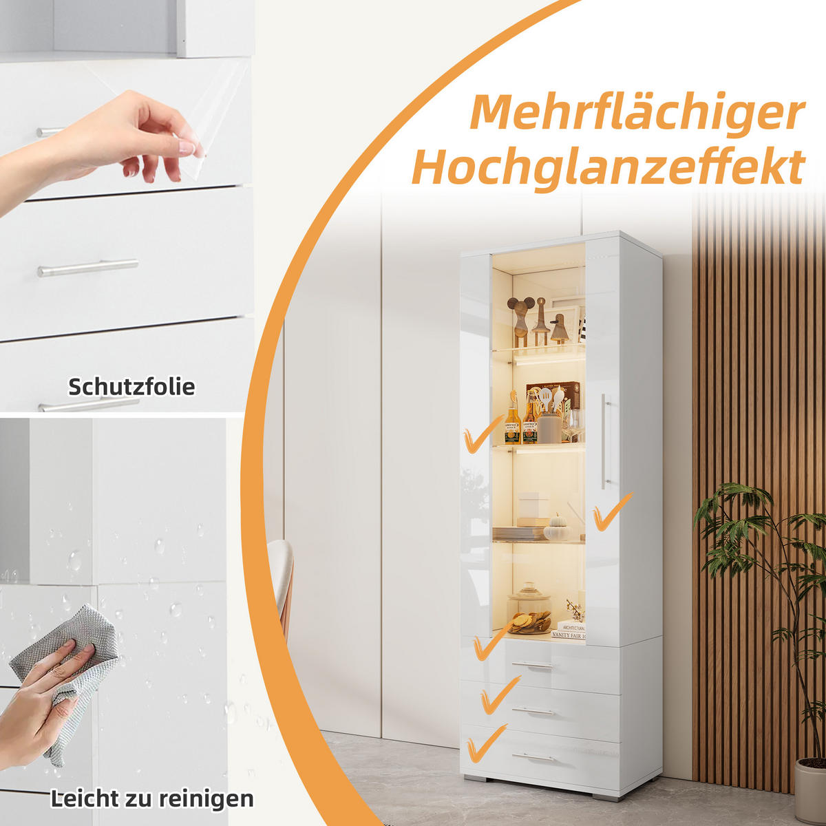 VITRINE in Weiß Standvitrine mit LED-Beleuchtung und 3 Schubladen für Wohnzimmer, B60/T35/H180cm - Transparent/Weiß, Glas/Holzwerkstoff (60/180/35cm) - STILVORA