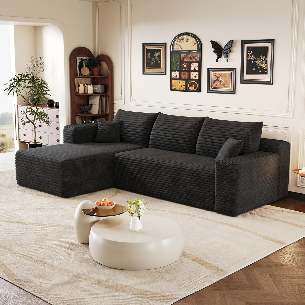 ECKSOFA 241/151/58 cm schwarz aus Stoff mit Chaiselongue ohne Montage - Schwarz, Textil (151/241cm) - OKWISH