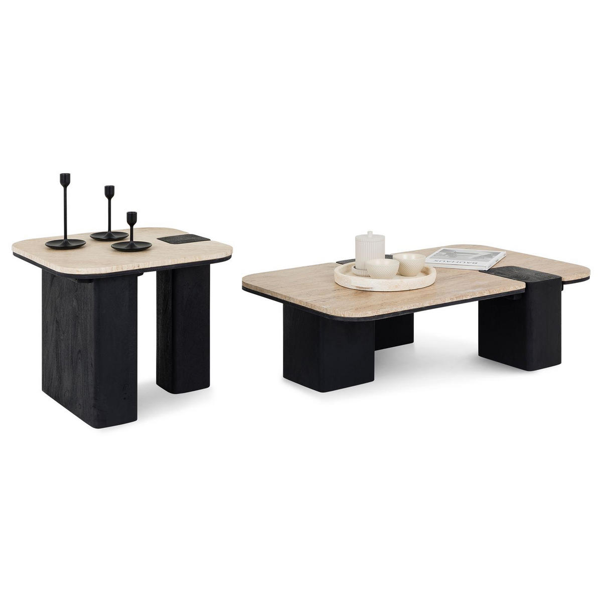COUCHTISCHSET SURAT/DELHI 2er Set beige/schwarz - Beige/Schwarz, Naturmaterialien/Holz (60/100/27cm) - IDIMEX