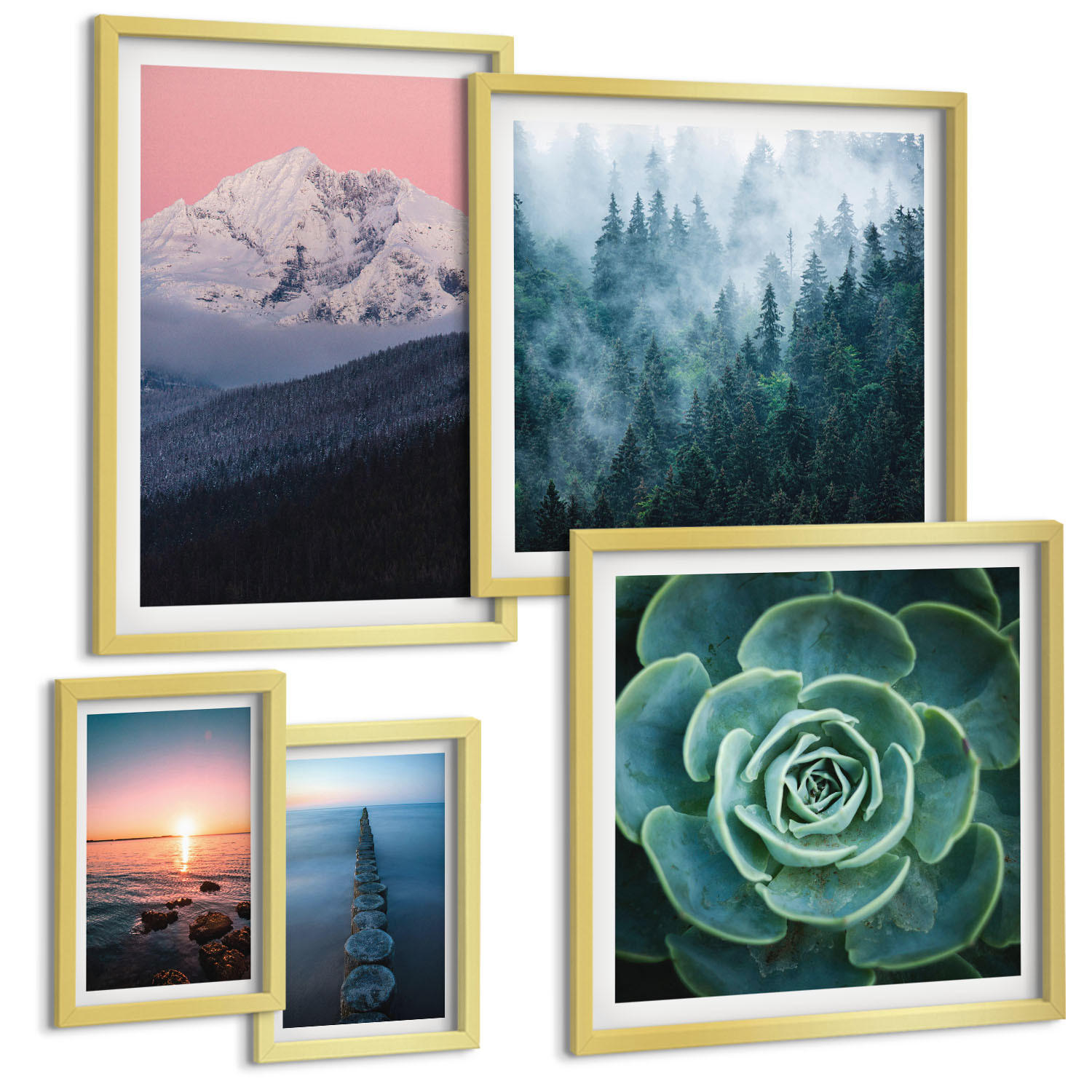 BILDER SET 5er Set - 50x50 cm & 20x30 cm & 40x60 cm Goldrahmen - Wasserfälle, Berge, Landschaften, Natur - Goldfarben, Kunststoff (40/60cm) - TULUP