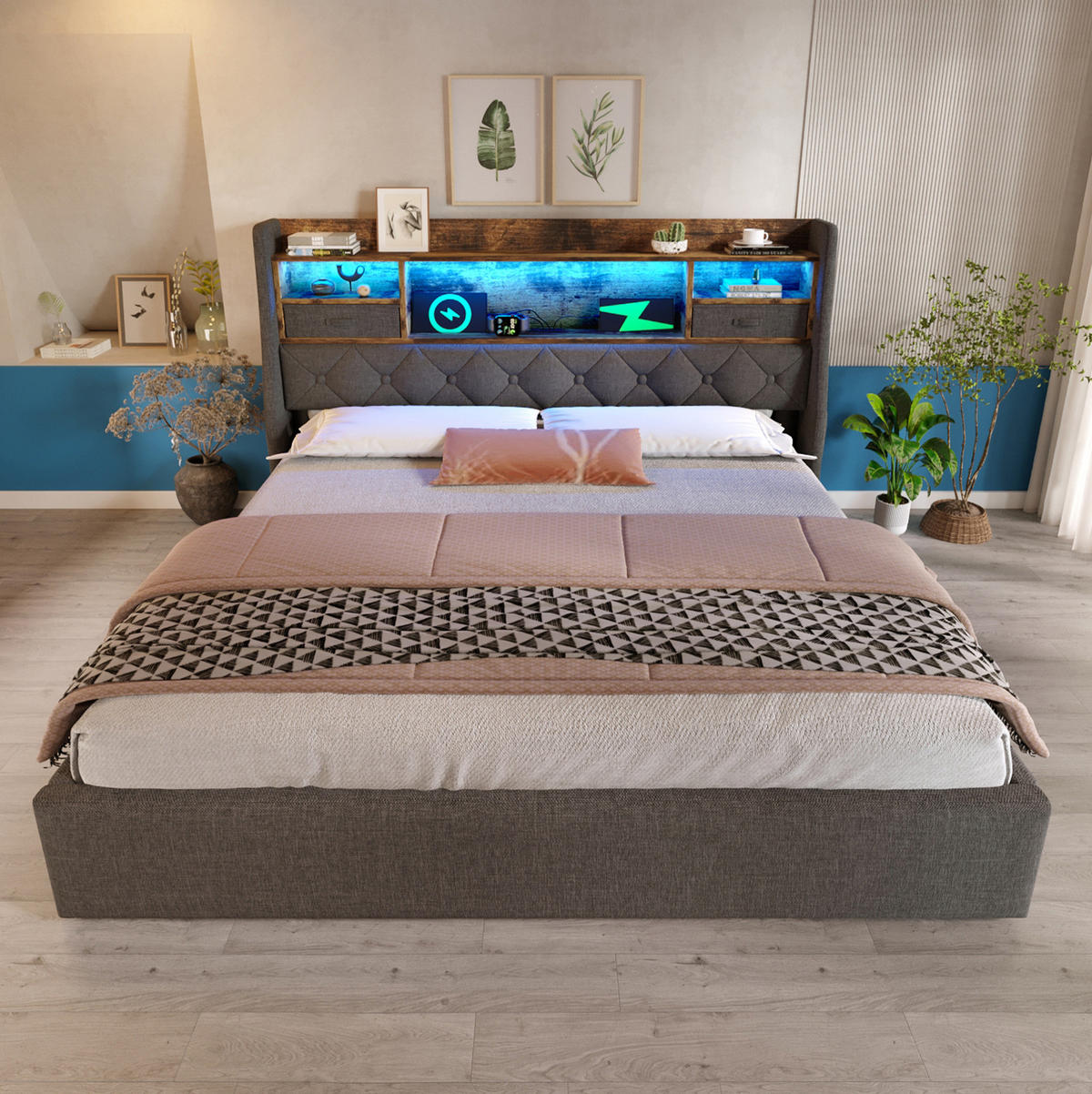 POLSTERBETT 140/200 cm Grau mit hydraulischem Stauraum und LED-Kopfteil mit Matratze - Grau, Textil (140/200cm) - OKWISH