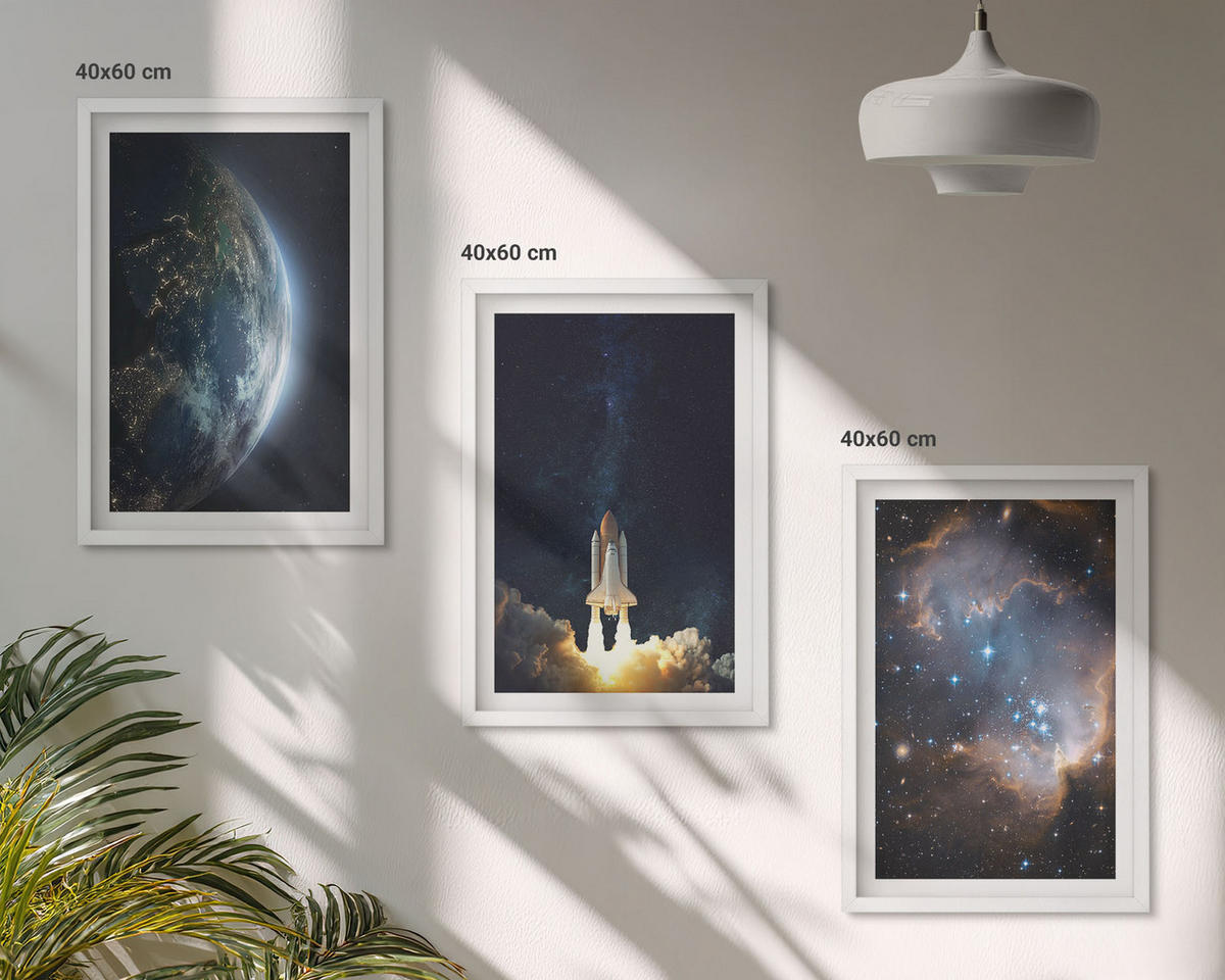 BILDER SET 3er Set - 40x60 cm Weißer Rahmen - Weltraum Erde Rakete Galaxie - Weiß, Kunststoff (40/60cm) - TULUP