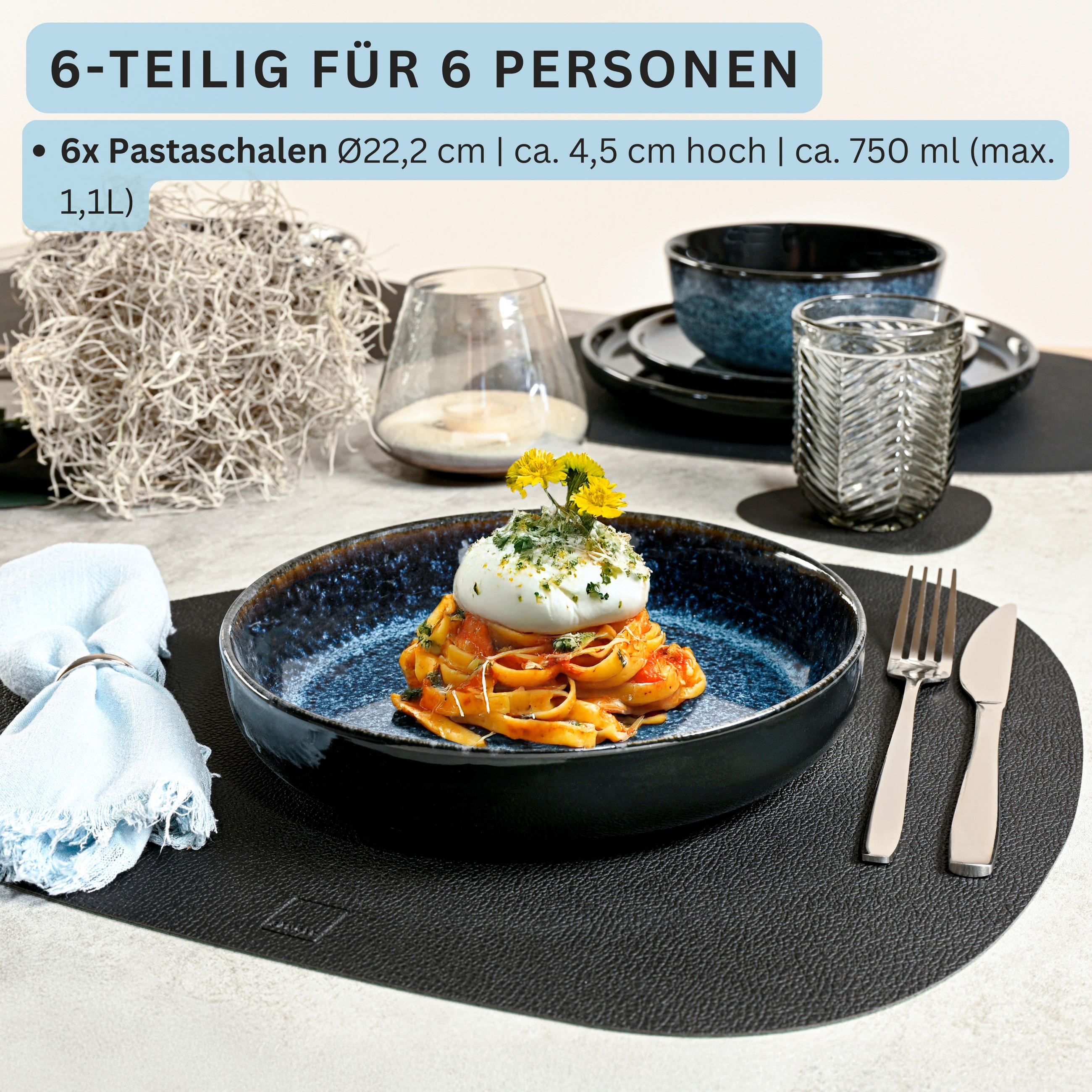 PASTASCHALEN SET OSAKA - 6 teilig aus Steingut - Blau, Stein (22cm) - Sänger