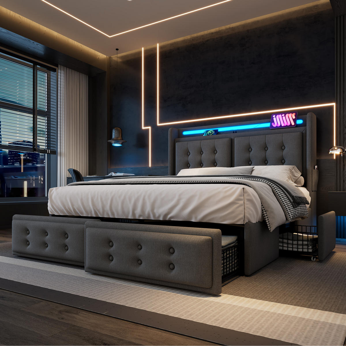 POLSTERBETT 180/200 cm Grau mit LED-Beleuchtung und USB-Anschlüssen - Grau, Textil (180/200cm) - OKWISH