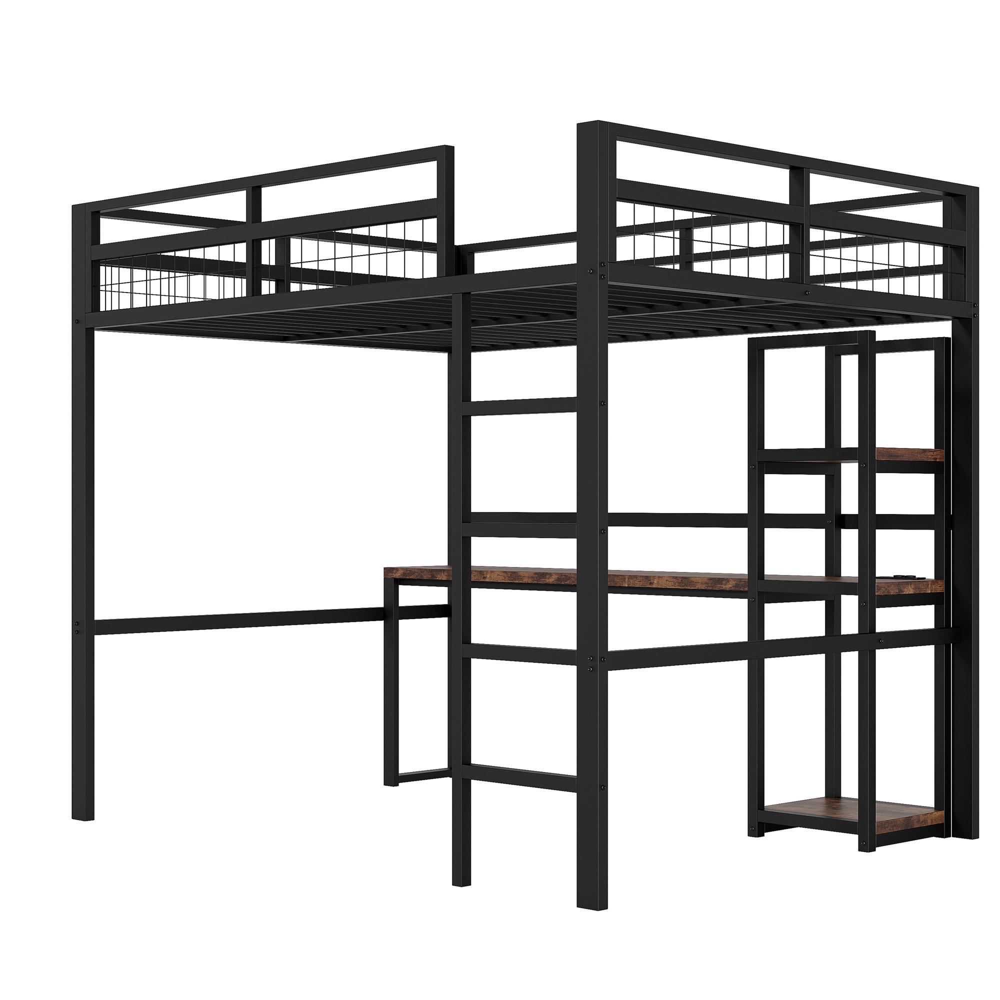 HOCHBETT 140 x 200cm Eisenrahmen，mit usb type-c, Geländer, Trittleiter, ohne Matratze, Schwarz - Schwarz, Metall (140/200cm) - KOMHTOM