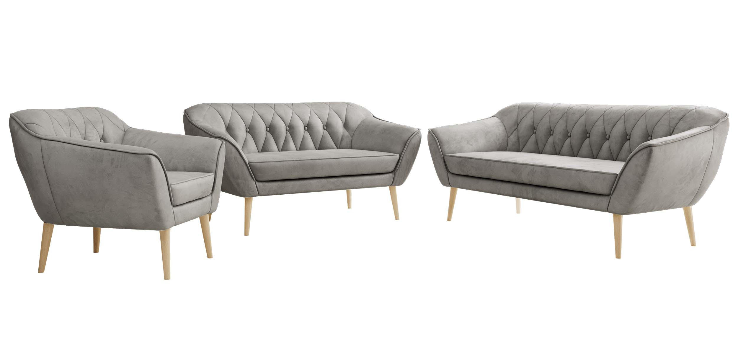 SEDACÍ SOUPRAVA 3+2+1 PIRS - Světle šedá Samet - Dřevěné nohy - světle šedá/barva buku, kompozitní dřevo/textil (180/75/74cm) - MKS