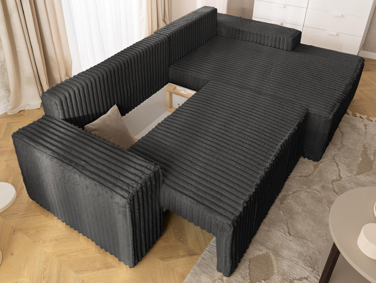 ECKSOFA Rivio mit Schlaffunktion und Bettkasten, Plüschcord Dunkelgrau - Dunkelgrau/Schwarz, Holz/Kunststoff (262/149cm) - S-Style