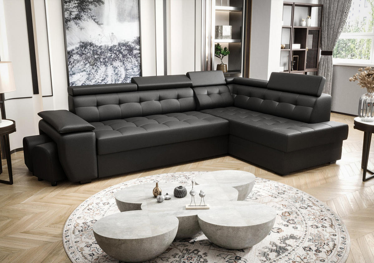 ECKSOFA KONGO RBN15, Eckcouch in L-Form mit Schlaffunktion, Farbe: Schwarz, Kunstleder, Ottomane Rechts - Schwarz, Textil (277/180cm) - O-Sofa