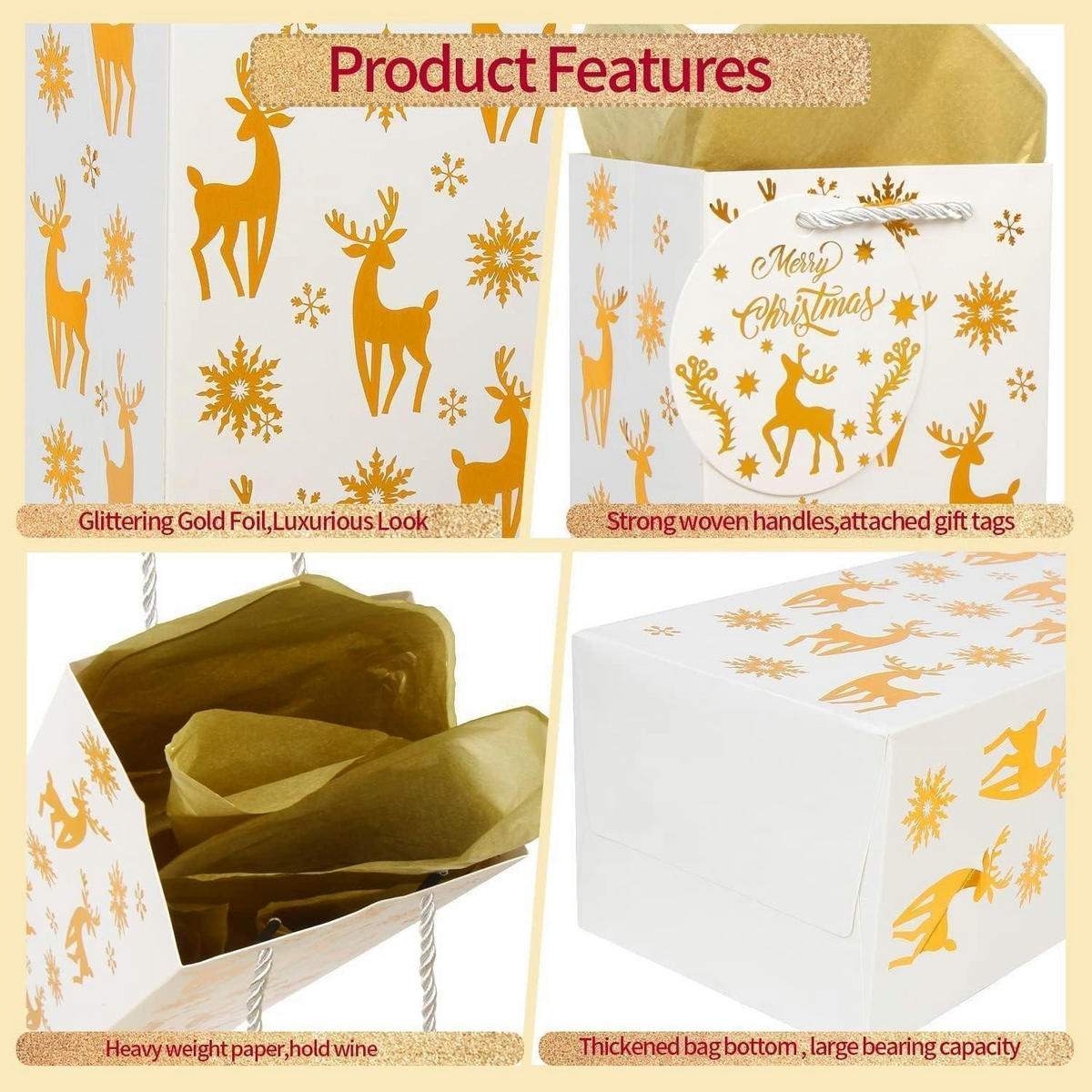 GESCHENKTASCHEN 12-teiliges Set 12,5 cm x 10 cm x 35,5 cm Goldmuster Weihnachten - Goldfarben, Karton (35.5cm)