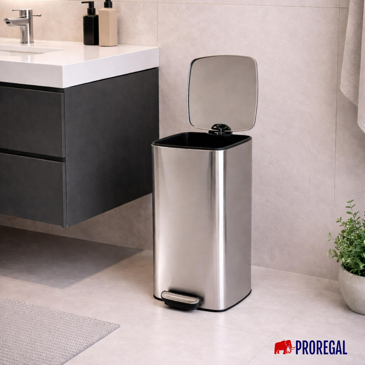 MÜLLEIMER 30 Liter mit Softclose & Fußpedal - Silberfarben, Metall (32.7/59.5/38cm) - PROREGAL