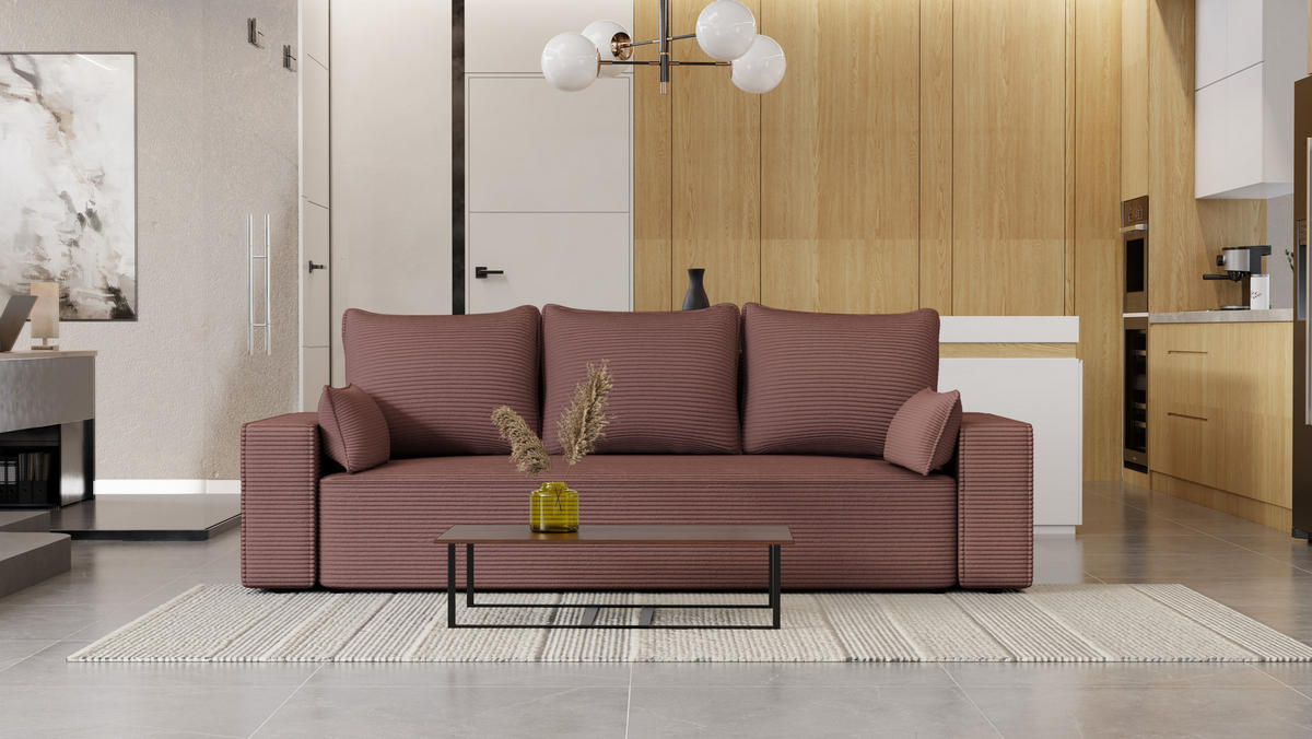 SOFA Vens mit Bettkasten und Schlaffunktion, Cordstoff - Lila, Holzwerkstoff (242/85/95cm)