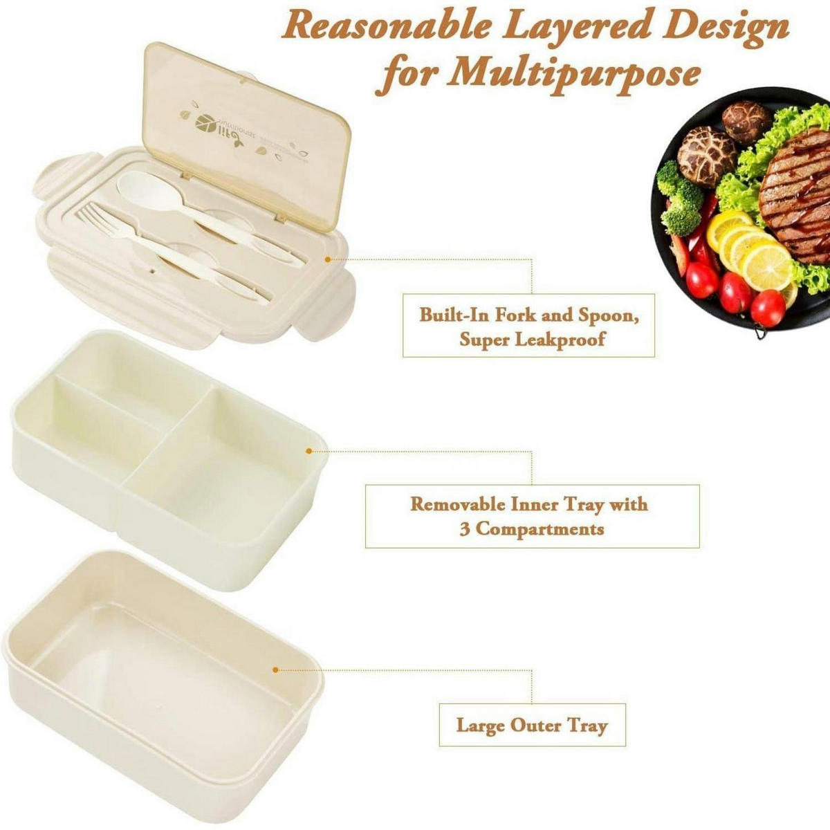 BENTO Box mit 3 Fächern und Besteck, auslaufsicher, mikrowellengeeignet, spülmaschinenfest, Braun - Creme, Kunststoff (14/6.5/21cm)
