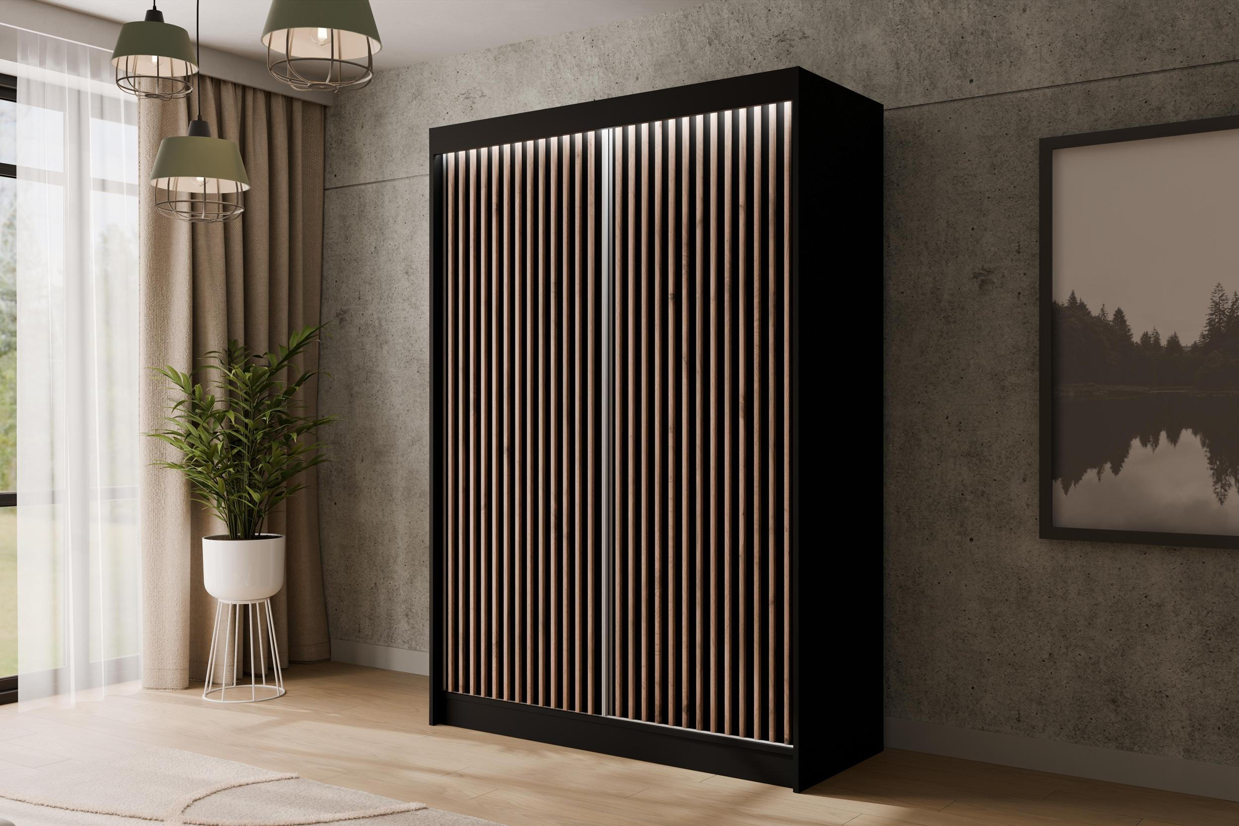 Thumbnail - Altdecor Kleiderschrank, Schwarz, Eiche Wotan, Holzwerkstoff, 120x215x61 cm, Schlafzimmer, Kleiderschränke