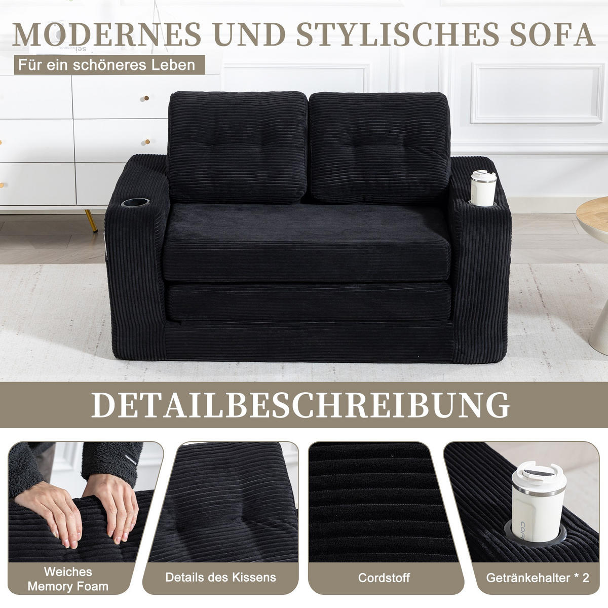SCHLAFSOFA 2-Sitzer Sofa mit 2 Zierkissen,Lounge Sofa,Polstersofa,Cord,Schwarz - Schwarz, Textil (136/82.5/80cm) - LVHOM