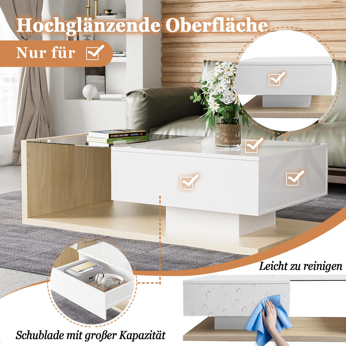 COUCHTISCH 105/55/32,5 cm in Hochglanzweiß mit Glasplatte und LED-Beleuchtung - Weiß Hochglanz, Holzwerkstoff (105/55/32.5cm) - OKWISH